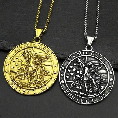 Archangel St.Michael Protect Us Pendant Necklace For Women Men Stainless Steel Christian Saint Michael Medal Chain Jewelry Gift