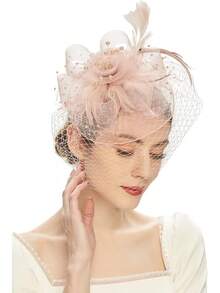 Derby Fascinators Women High Tea Party Hat Wedding Cocktail Flower Headware With Mesh And Feathers - A-blush Pink - View 2