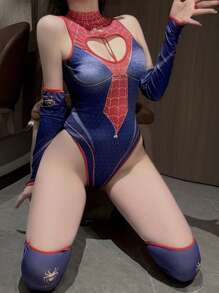 1pc Red & Blue Spider Print Zip Crotch Costume Set, Roleplay Outfit For Couples Halloween