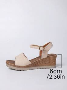 大码女士坡跟凉鞋，2025夏季新款时尚仙女风纯色度假波西米亚风高跟鞋，旅行必备 - 米色 - 查看 7