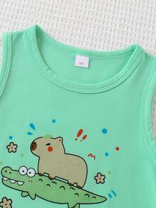 4pcs/Set Kids Capybara Print Round Neck Tank Top, Casual, Sporty, Outdoor Wear For 3-7 Years Old