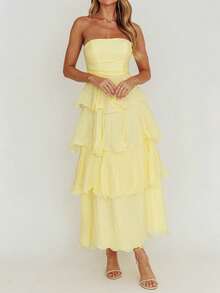 Women Ruffled Tube Top Maxi Dress For Summer Solid Color Backless Strapless Sleeveless Tiered Long Cake Dress - 黃色 - 查看 4