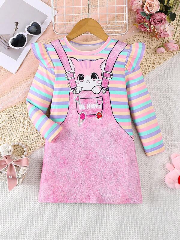 Robe décontractée à manches longues, col rond, avec imprimé exclusif d'animaux mignons et de rayures arc-en-ciel, pour l'automne