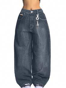 Women's Hip Hop Baggy Jeans Wide Leg Mid-Low Waist Jeans Loose Boyfriends Jeans 90s Vintage Denim Pants - 藍色 - 查看 2