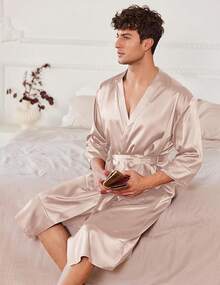 Mens Satin Robe Lightweight Silky Kimono Bathrobe 3/4 Sleeve Spa Knee Length Loungewear With Pockets S-3XLhalloween - 香檳色 - 查看 7