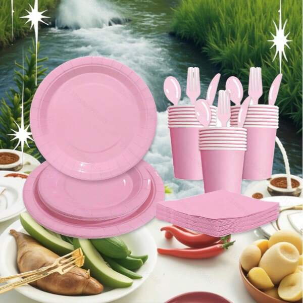 Pink Or Blue Party Cutlery Set, Macaron Blue, Macaron Pink, 10 Or 25 Pieces, Suitable For Birthday Parties, Family Gatherings, Family Picnics, And All Kinds Of Parties