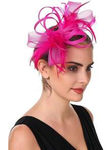 Fascinators Hat Flower Mesh Ribbons Feathers On A Headband And A Clip Tea Party Headwear Girls And Women - St07-fuschia - View 5