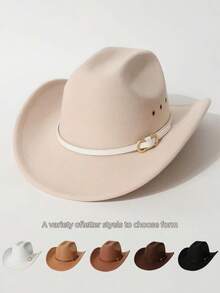 1 件男女通用西部牛仔帽，饰有纯色撞色金属扣细腰带和侧边撕边细节，适合西部主题活动、音乐节、派对、日常穿着，适合所有季节