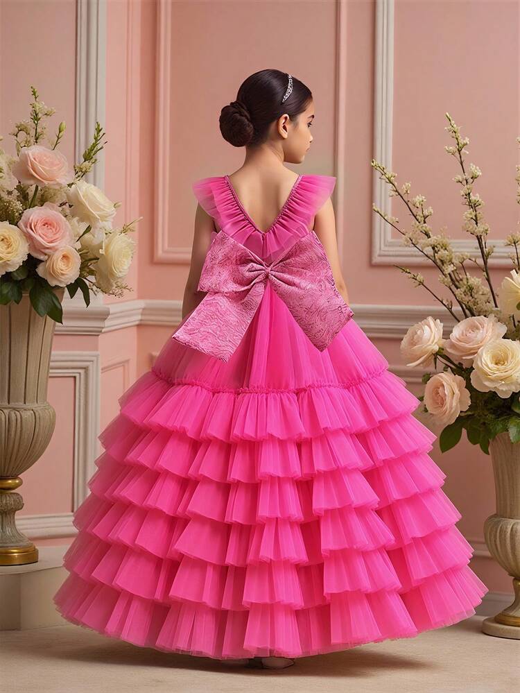 Tween Girl V-Neck Mesh & Satin Bow Back Long Formal Dress, Elegant & Luxurious, Suitable For Parties, Excluding Headband