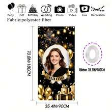 1pc Customized Photo & Name Polyester Banner - Black Gold Balloon & Gift Box Design, Birthday Party Decor, Indoor/Outdoor Use, Personalized Entrance Door Garden Background, Celebration Background Festival Party Banner, Easy Installation Decor, Party Supplies - Halloween, Christmas, Easter, Father's Day, Mother's Day, Thanksgiving, Wedding, Valentine's Day Holiday Gift - Multicolor - View 3