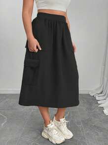 1 pièce Jupe longue élastique à taille haute de couleur unie, élégante et classique, avec poches latérales, en polyester, convient pour le printemps, l'été et l'automne, pour filles et adolescentes