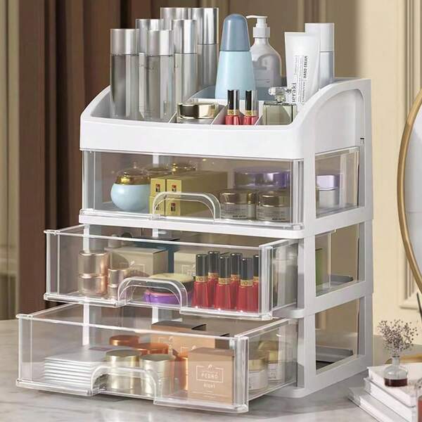 Makeup Organizer With 3 Drawers, Cosmetic Display Cases, Makeup Storage Box (3 Drawers) (White),Organizer Of Large Capacity Cosmetic Case, Dustproof And Waterproof Jewelry Box, Cosmetic Storage Box, Multi-Layer Shelf Display, For Multi-Functional Desktop Storage And Sorting Of Lipstick And Nail Polish