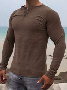 Men's Casual Solid Color Henley Neck Long Sleeve Undershirt, Comfortable & Soft, Versatile For All Seasons,Fall