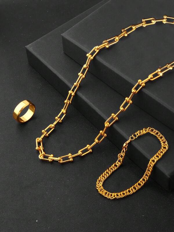 3 Piece Casual Hip Hop Style Necklace, Bracelet And Ring Set, Minimalist Sports Jewelry For Men
