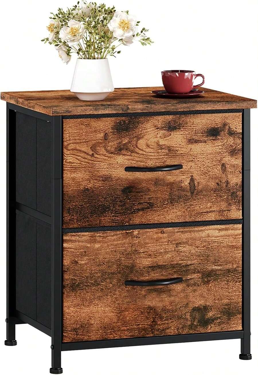 Mesita de noche, cómoda pequeña para el dormitorio con 2 cajones, mesa de noche con cestas de tela para el dormitorio, armario de niños, dormitorio de invitados, de estampado de vetas de madera - Rosa vieja - Ver 1