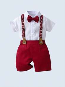 BOARNSEORL 2pcs Young Boys Gentleman Outfit - Red Suspender Pants And White Shirt With Bow Tie, Suitable For Holidays, Weddings, Christmas Parties, New Year Celebrations, Birthday, And Baby Shower - Red and White - View 4