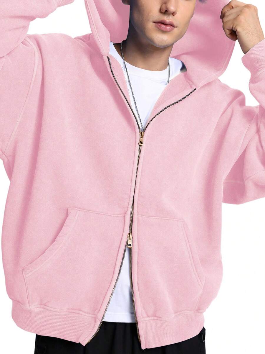 Faiable Mens Womens Zip Up Hoodie Oversized Acid Wash Hoodies Heavyweight Distress Cotton Fleece Zipper Hoodie Vintage - 粉色 - 查看 1