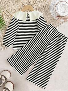 青少年女孩条纹珍珠长袖上衣和宽松裤子套装 - 黑色 - 查看 2