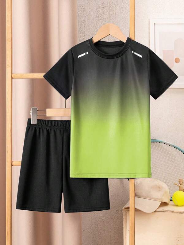2pcs/Set Teen Boys Casual Sports Gradient Line Print Short Sleeve T-Shirt And Solid Color Shorts, Football Uniform Suit Suitable For Academy, Daily Sports, Warm-Up Training