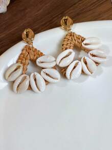 1 Pair Handmade Raffia Straw Woven Seashell Earrings, Drop/Diamond/Triangle/Circle Dangle Earrings, Boho Exaggerated Earrings For Beach, Vacation, Gatherings, Party Wear