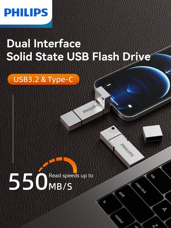 PHILIPS محرك أقراص USB 3.2 عالي السرعة من فيليبس، جهاز تخزين محمول واسع السعة، جسم معدني، يدعم توافق متعدد الأنظمة، التوصيل والتشغيل، مناسب للملفات الكبيرة مثل المستندات والصور والفيديوهات والألعاب وحزم التثبيت وغيرها، قراءة وكتابة سريعة لأقراص USB المحمولة