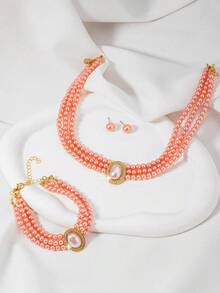 3 Stücke/Set Halskette, Armband und Ring Schmuckset mit weißen Perlen und Herzanhänger, elegant für Mädchen zum Tragen auf Banketten und Partys - Herz Schmuckset - Übersicht 4