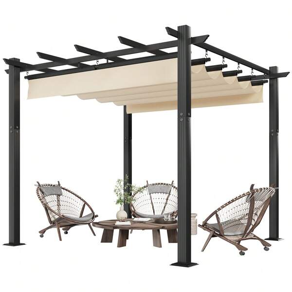 Cenador Gunji 3x3/3x4m, estable, resistente al frío, con fijación magnética, pérgola con zona de sombra ajustable, estructura de aluminio, para techos de jardín y terraza, beige/gris