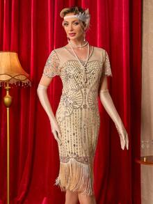 20 世纪 20 年代女士轻佻连衣裙，透明串珠袖子，了不起的盖茨比连衣裙，咆哮的 20 年代连衣裙服装 - 杏色 - 查看 6