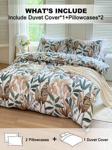 Conjunto de capa de edredom com estampa de folhas florais 3 peças (1 capa de edredom e 2 fronhas), macio e suave para a pele, conjunto de lençóis para casa para todas as estações - Multicolorido - Ver 2