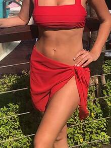 Women's Short Sarongs Chiffon Bathing Suit Wrap Skirt Beach Wrap Swimsuit Cover Ups Sheer Bikini Wraps - 紅色 - 查看 2