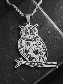 1pc Fashion Stainless Steel Flat Mechanical Doll, Owl Animal Pendant Necklace, Unisex Jewelry Casual Gift