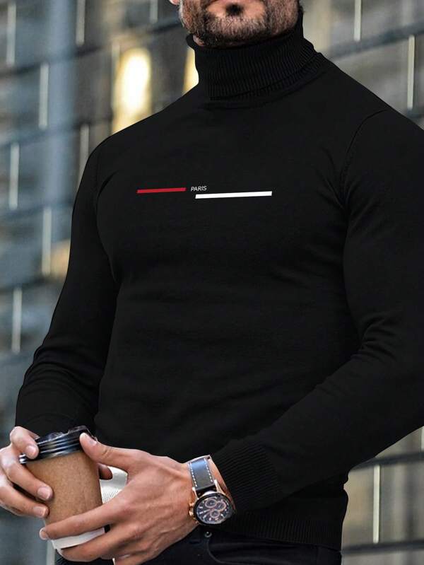 1 pieza Suéter de cuello alto tejido para hombre, jersey ajustado, camiseta básica de unicolor con diseño de estampado de letras, parte superior suave y cómoda, para otoño/invierno