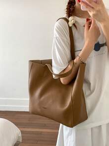 简约大容量黑色托特包，女士休闲百搭上班通勤单肩手提包，2025新款时尚斜挎包 - 棕色 - 查看 2