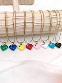 1pc Fashion Versatile Titanium Steel Heart & Evil Eye Pendant Necklace, Unique Personalized Choker Necklace