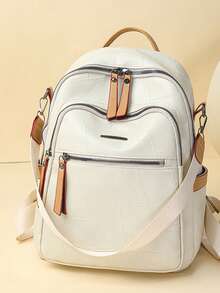 Fashionable Women's Travel Large Capacity Woven Material Convertible Shoulder/Backpack, Suitable For Computer/Student, Streetwear Style, School Backpack - Beige - View 1