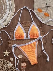 PEPPERMOLLY 女士性感时尚两件式泳衣，蓝色比基尼套装，夏季海滩度假 - 橘色 - 查看 2