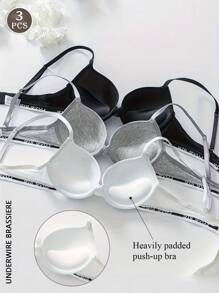 3件套轻薄衬垫字母印花聚拢文胸，女士钢圈文胸