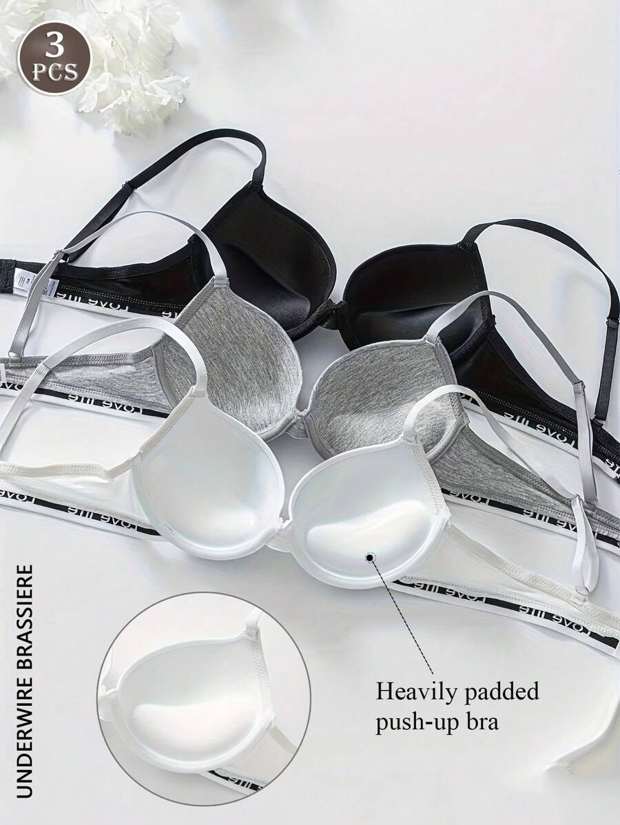 3件套轻薄衬垫字母印花聚拢文胸，女士钢圈文胸