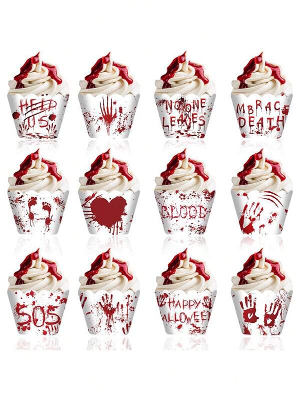 12 piezas Envoltorios de cupcake con diseño de mano ensangrentada de terror de Halloween, decoraciones para repostería de fiesta
