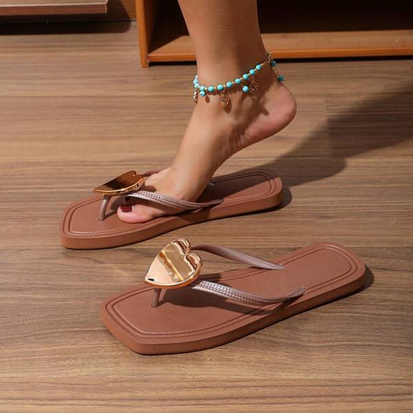 Women's Fashion Square Toe Heart Buckle Glitter Flip Flops For Home, Party, Beach, Outdoor, Summer