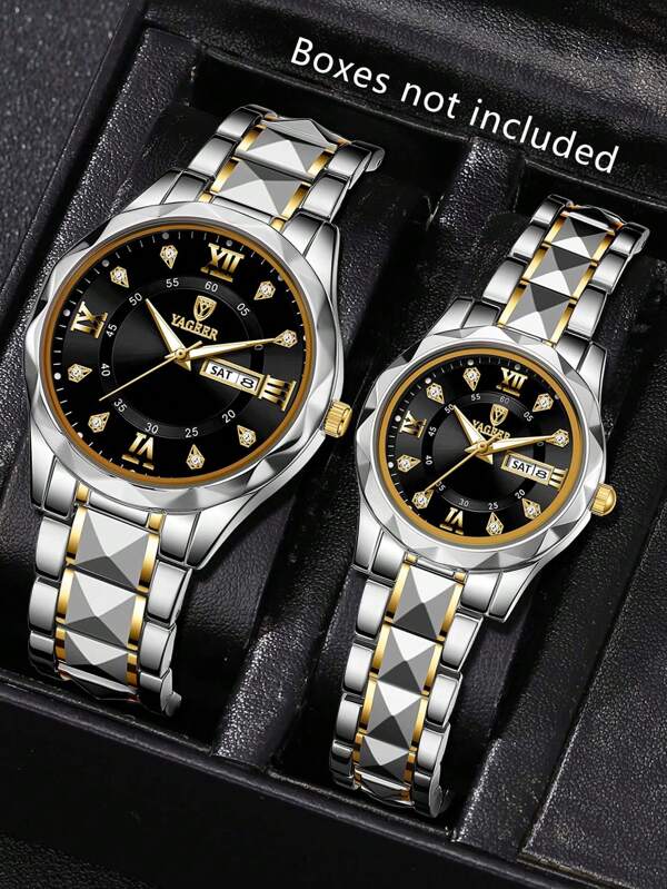 زوج من ساعات اليد للرجال والنساء بسوار فضي بتصميم عصري كاجوال ، مع عقارب وميزة تاريخ، وظيفة كوارتز للاستخدام اليومي أو كهدية في المناسبات