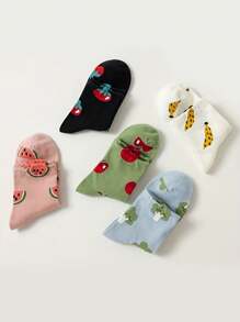 5 paires de chaussettes mi-mollets colorées assorties pour femmes avec imprimé de légumes et de fruits, design polyvalent et casual, pour toutes les saisons