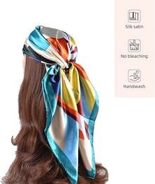 35 Inches Silk Head Scarf-Satin Hair Scarves Silk Bandana Scarf Headscarf For Women's Fashion Scarveshalloween - 彩色向日葵-藍色 - 查看 9
