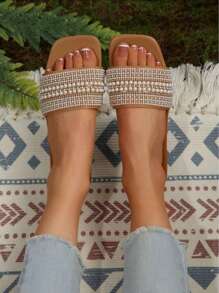 Damen Perlen & Strass Dekor Slide Sandalen/Pantoffeln, Offene Zehen Sommer Lässig Mule Schuhe