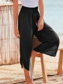 Women's Casual Beach Vacation Elastic Waist Asymmetrical Hem Split Solid Color Comfortable Wide Leg Cropped Pants, Summer