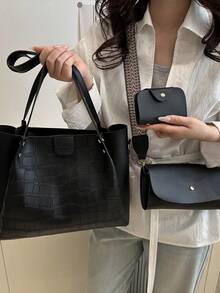 3 pièces Set de sac cabas de mode minimaliste de crocodile avec une décoration de sangle bicolore, grande capacité polyvalente, comprenant un sac à bandoulière et un porte-monnaie, pour les trajets, les courses, toutes les saisons, un style minimaliste pratique pour les femmes - Noir - Voir 4