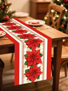 1 buc. Traversă de masă de Crăciun fericit cu modele mari de Poinsettia roșii, 35*180cm, husă de masă de Crăciun din poliester, decorațiuni de Crăciun pentru casă 2025, decor pentru masă de bucătărie, decorațiuni festive pentru masă, temă de iarnă, decor pentru petrecere de Crăciun, Anul Nou fericit 2026
