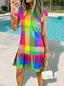 Summer New Fashion Casual Vacation Style Lightweight Elegant Versatile Slim Fit Dress, Suitable For Outdoor, Home, Travel, Office, Rainbow Print, Plaid, Vacation Style