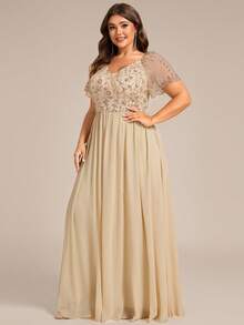 EVERPRETTY Plus Elaborate Embroidered Sequin Applique V Neck Short Sleeves Evening Dress For Dinner Party Fall Wedding Guest Dresses Champagne Bridesmaid Dresses
