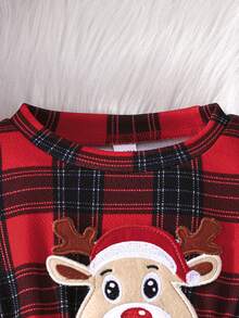 Baby Girls' Christmas Plaid Long Sleeve Dress, Embroidered Deer Animal & Bow Decor Mesh Dress, Autumn - Red - View 3
